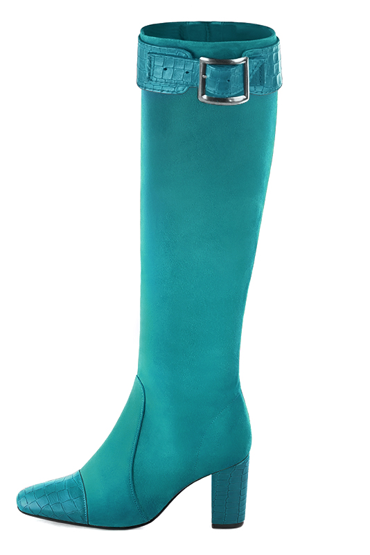 Turquoise blue women's elegant sneakers. Round toe. High block heels. Worn view - Florence KOOIJMAN
